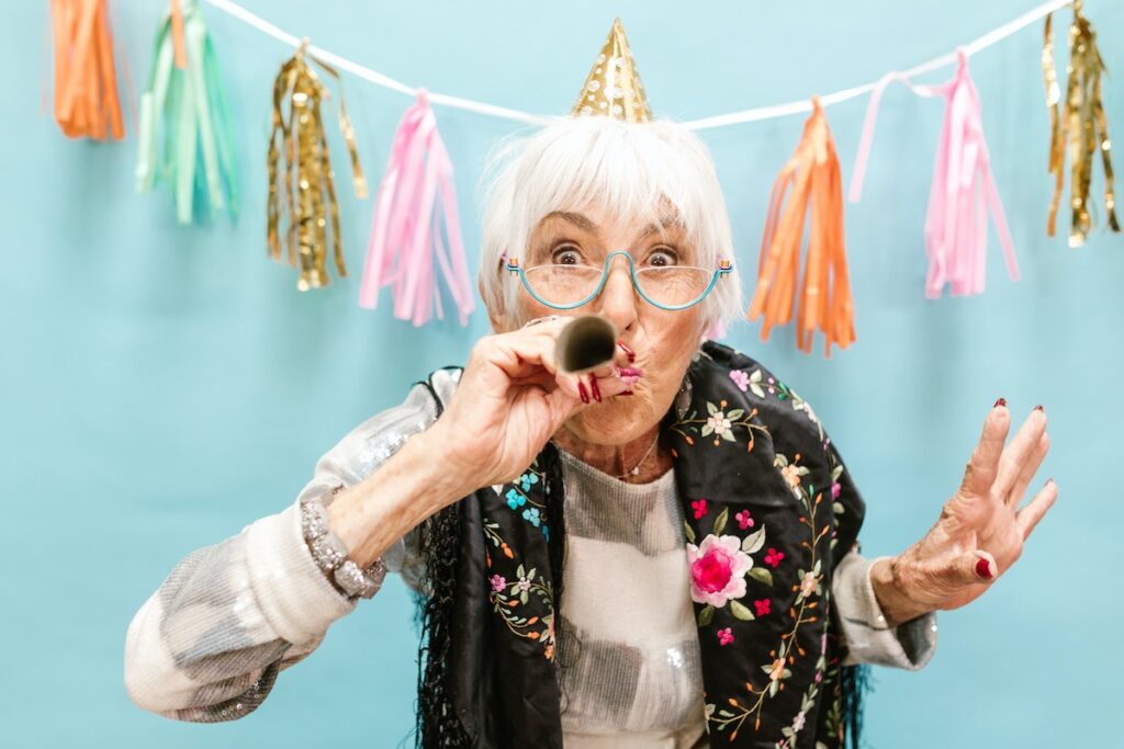 An elderly woman after she consumed one of the best delta-8 strains for spring. 