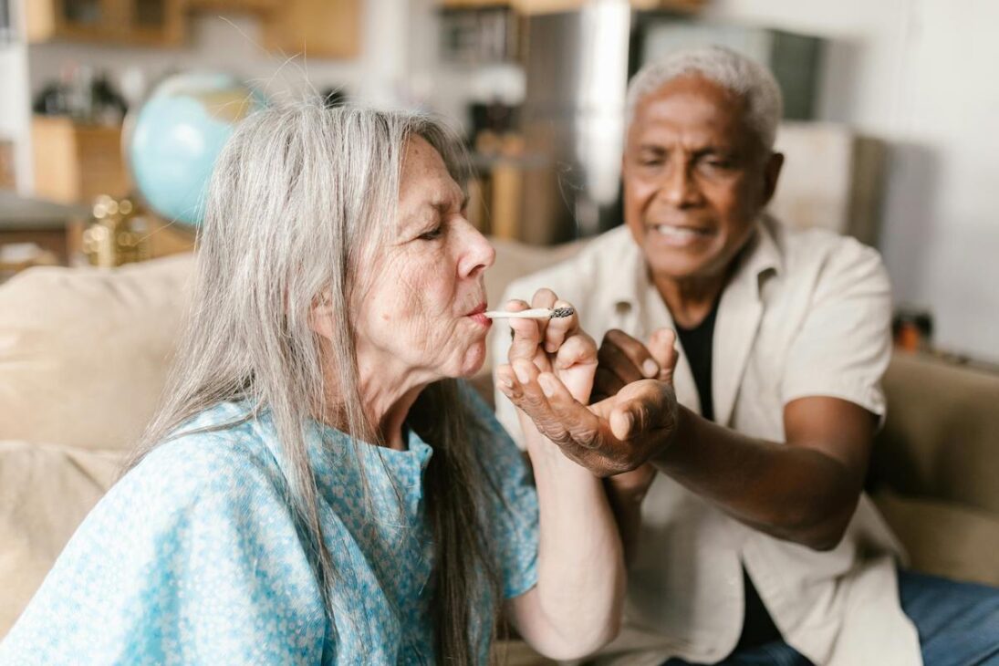 older woman smoking with cannabis terpenes 